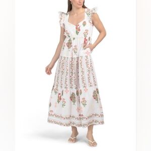 NWT - Celina Moon Ruffle Sleeve Floral Block Print Cotton Maxi Dress - Size XL
